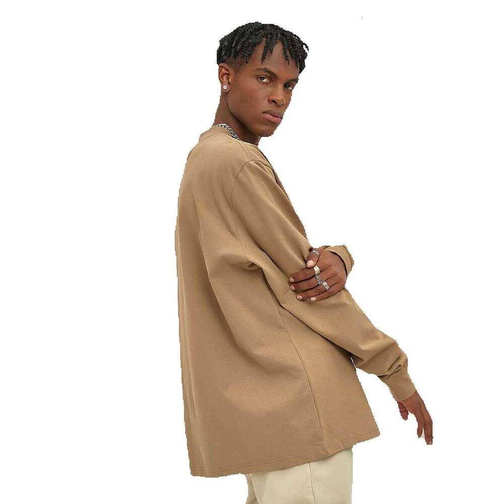 2023 autumn and winter new product heavyweight 345G double yarn plain weave high necke loose long sleeved T-shirt for men