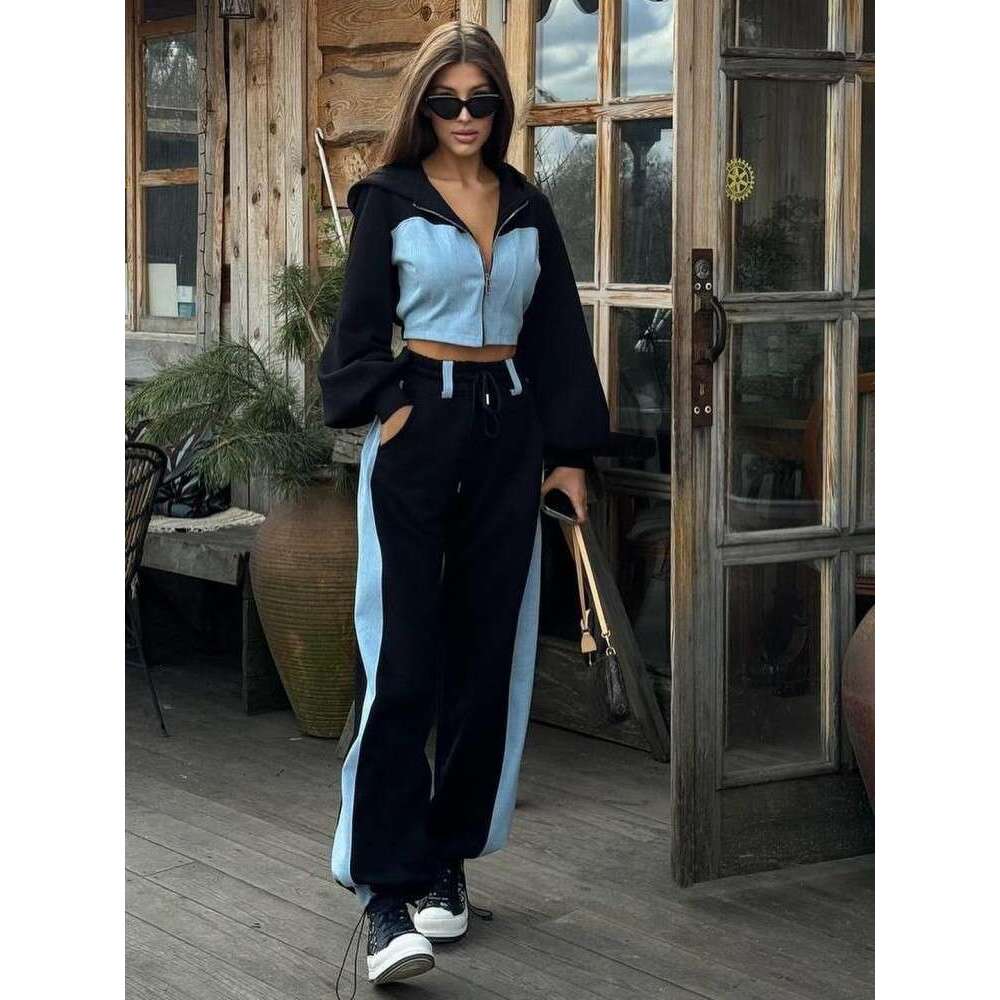 Fashion Patchwork Denim 2 Piece Sets Women Outfit Slim Hoodies Crop Top Wide Leg Sweatpants Suit Streetwear Casual Tracuits
