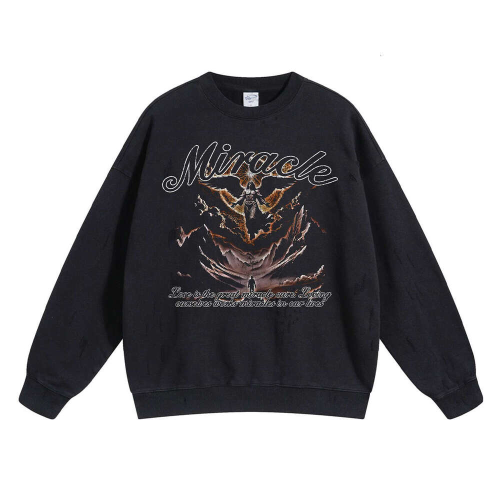 2024 Autumn 430g Grinding Edge Broken Hole Washed Water Printed Round Neck Men's Street Trendy Brand Making Old Thin Sweatshirt for Men