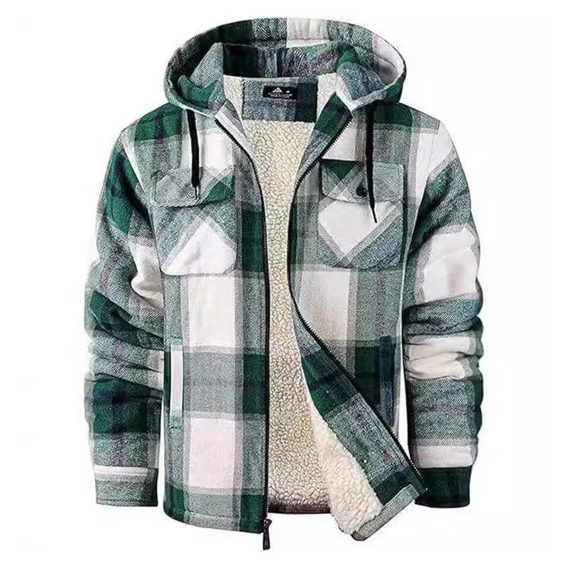 Fall Winter Mens Warm Outerwear Fleece Lining Flannel Plaid Coats For Men Stylish Long Sleeve Zipper Hooded Jacket Coat 241209