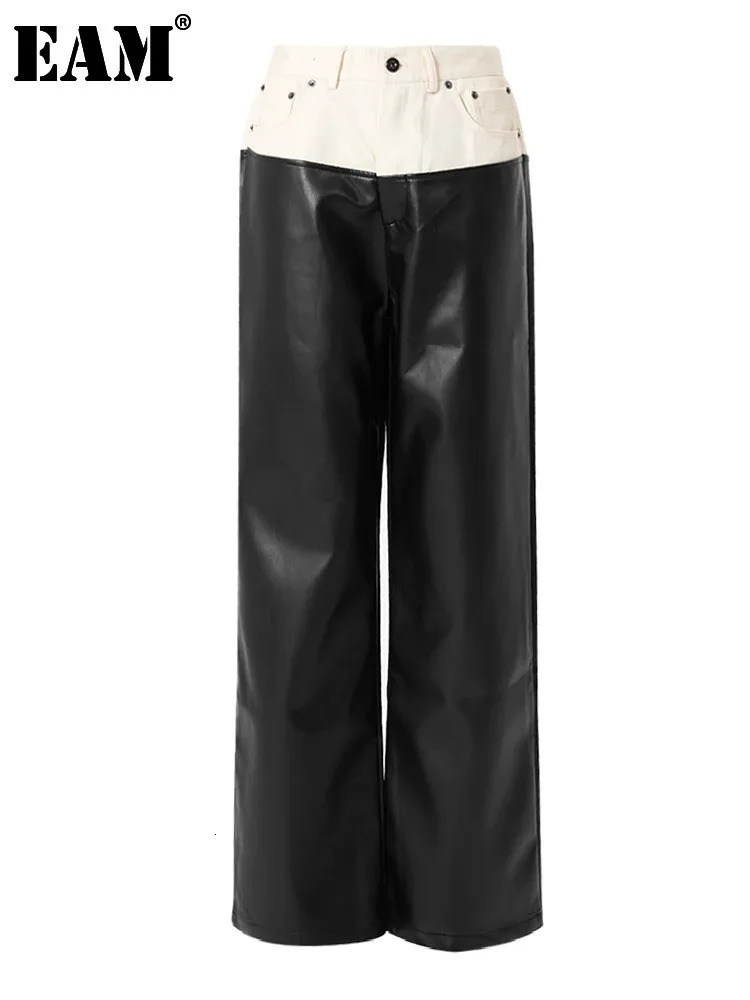 EAM High Waist Black Denim Pu Leather Colored Block Pants Loose Trouser Womens Fashion Trend Spring and Autumn 2024 1DF7700 241209