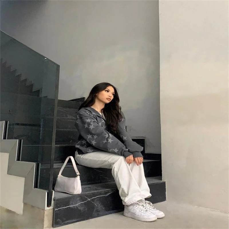 Y2K Womens Harajuku Star Printed Loose Sweatshirt Trouser Hip Hop Punk Long Sleeve Pocket Mens Top Sweatpants 241202