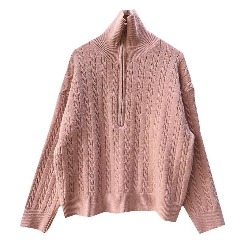 Korean lapel Fried Dough Twists half zip knitted sweater women's autumn and winter new style retro lazy short pullover top
