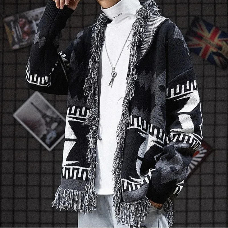 Mens tassel knitted cardigan mens graphic retro thin jacket Korean review top street clothing public original Y2k 241205