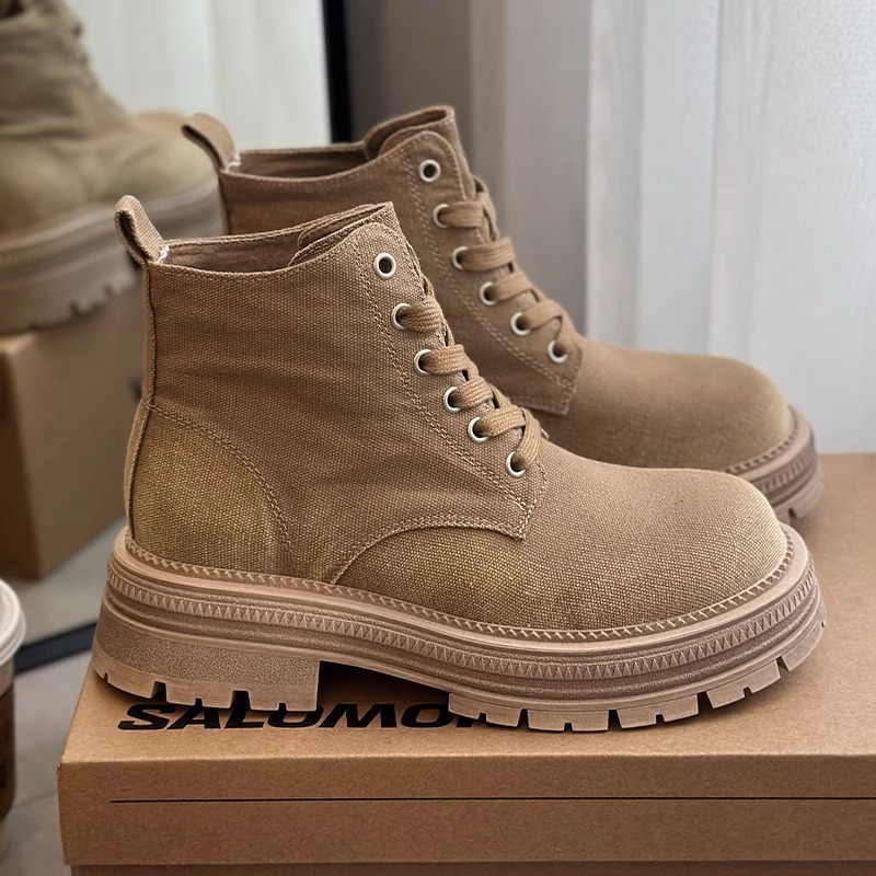 Women Boots:Thick Sole Canvas Boots 2025 Spring New Style Casual Versatile Breathable Short Boots Lace-up,Khaki/Grey,Free shipping