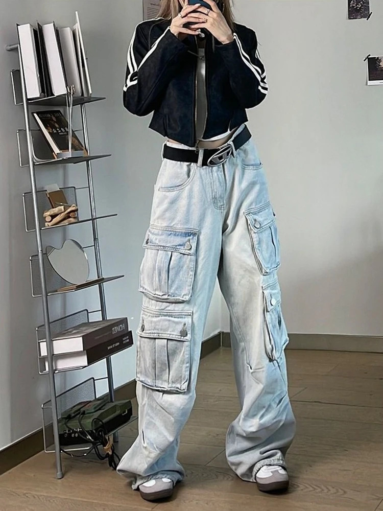 Autumn Winter Multi-Pocket Blue Washed Jeans Cargo Pants Y2k Harajuku Casual Wide Leg Pants American Street Style Baggy Car 241209