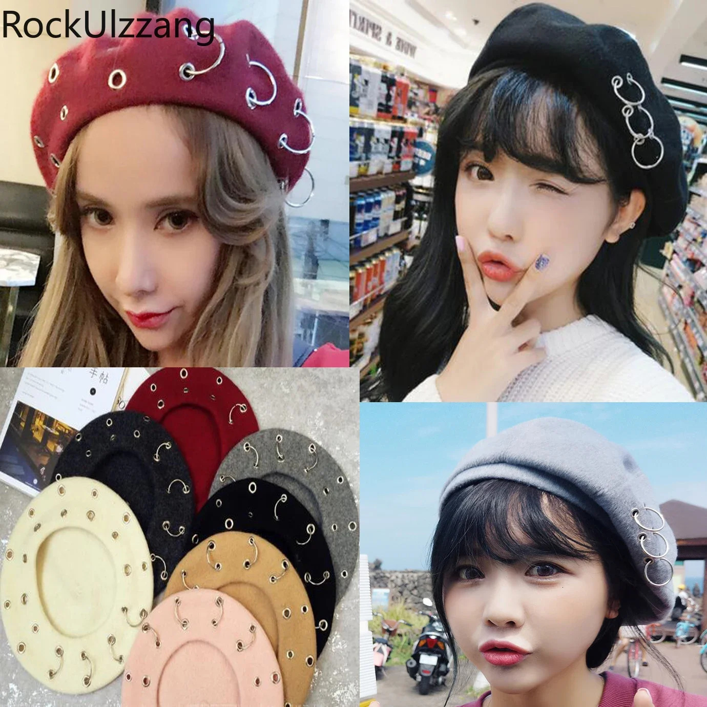 Womens sexy and cute eye hole metal ring fashion beret Korean party hat y2k fairycore 2000s garbage goth painter hat 241209