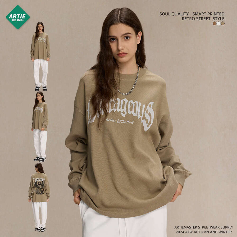 2024 Autumn/Winter New Product Breathable Waffle 330g Printed Sleeve T-shirt for American Trendy Brand Loose Casual Men's Long T