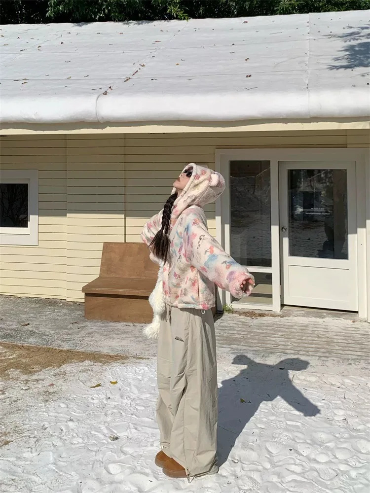 Hip Hop Winter Womens Warm Thick Bag Wide Leg Beige Snow Pants Oversized Y2K Suede Harajuku Sports Trouser 241209