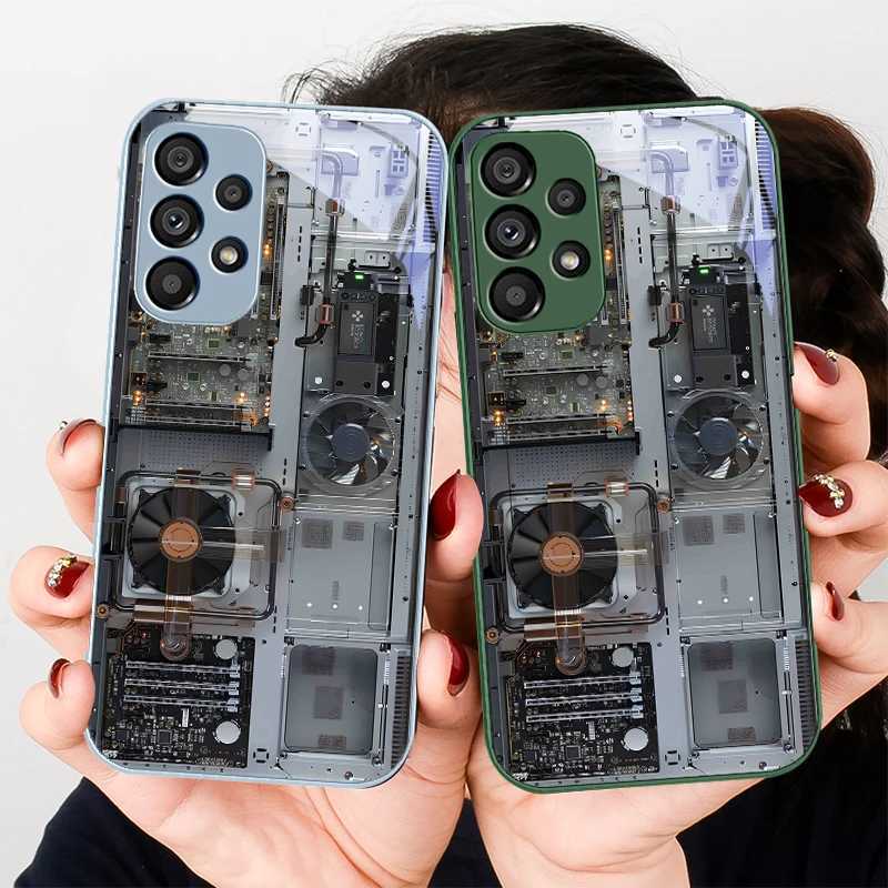 High Quality Designer Phone Case For Galaxy S24 Plus S20 21 FE S23 Ultra S8 9 A70 72 73 50 51 52 53 tempered glass phone case with gray motherboard fa
