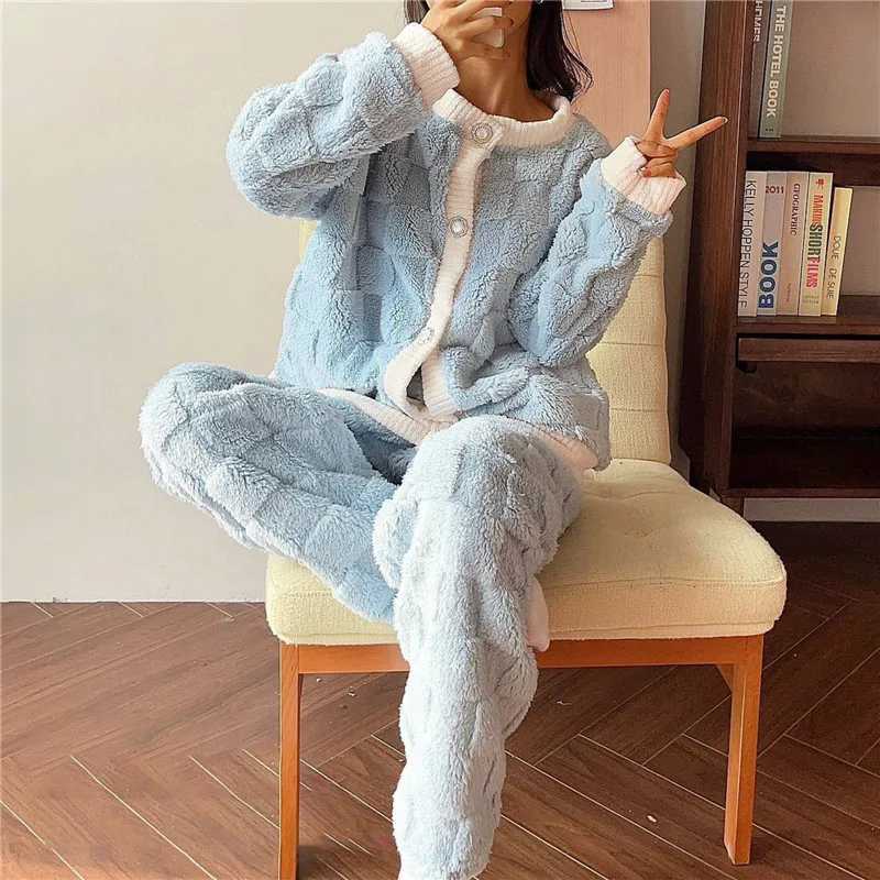 Women Pyjamas Sets Autumn Winter Warm Flannel Thick Homewear Long Sleeve Solid Color Sleepwear Female Pajamas SuitC241209C250109