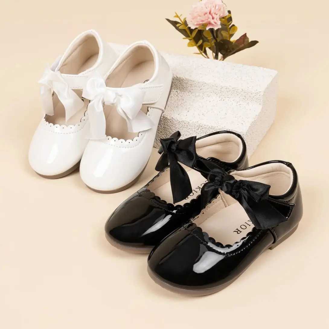 KIDSUN Fashion White Bow Kids Leather Shoes Childrens Girl Princess Par Shoes Flat Rubber Non-slip Wearable Dress ShoesXJ241209