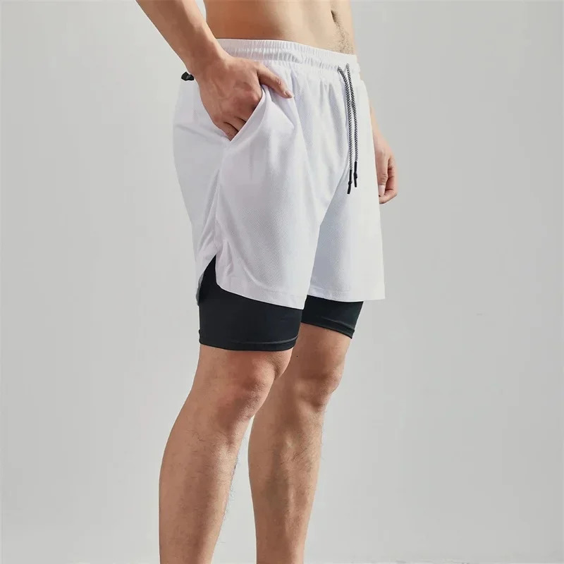 Mens 2-in-1 double-layer sports shorts casual gym workout tight shorts jogging net fast drying sportswear summer 241209