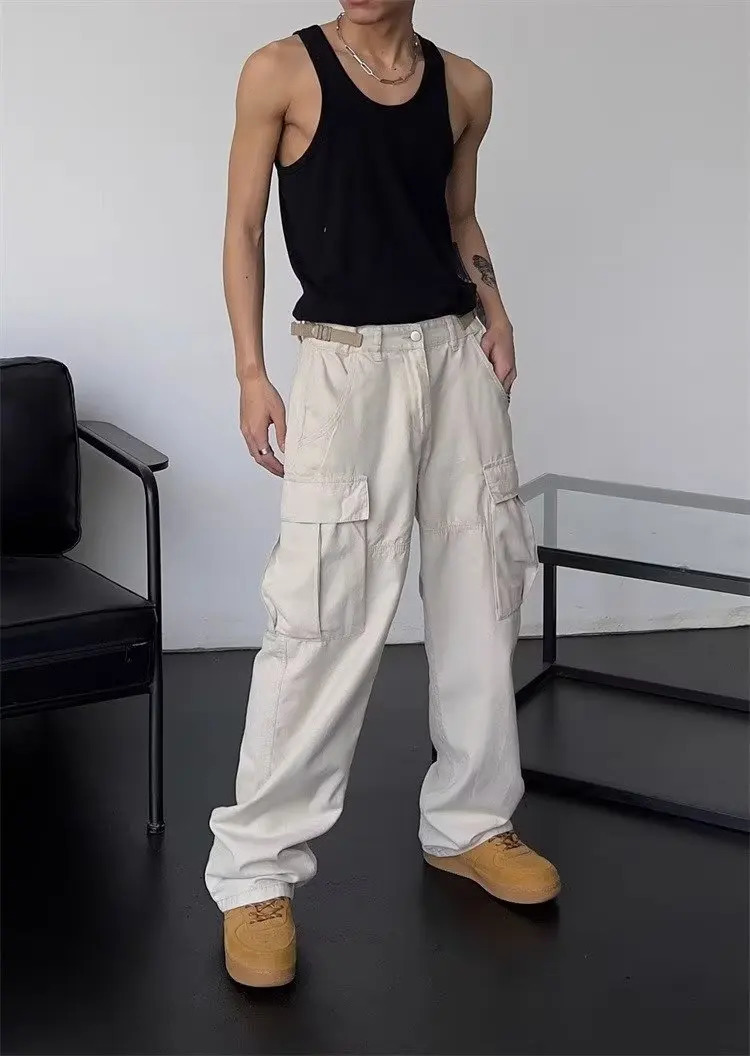 Autumn beige and white overalls loose straight trousers men casual daily apricot 241209