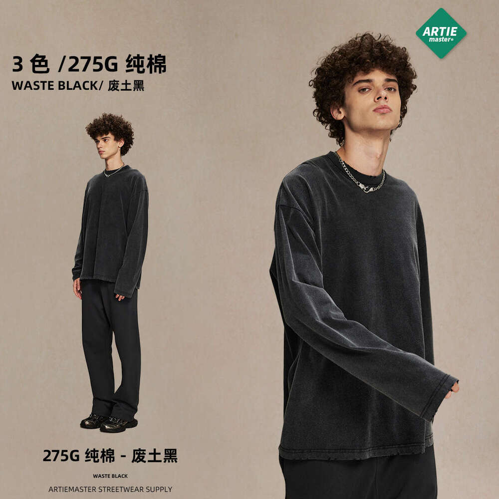 2024 autumn 275g reverse bottom stir fried color street fashion brand wash water t-shirt for men ins dirty dye waste soil retro long sleeved shirt