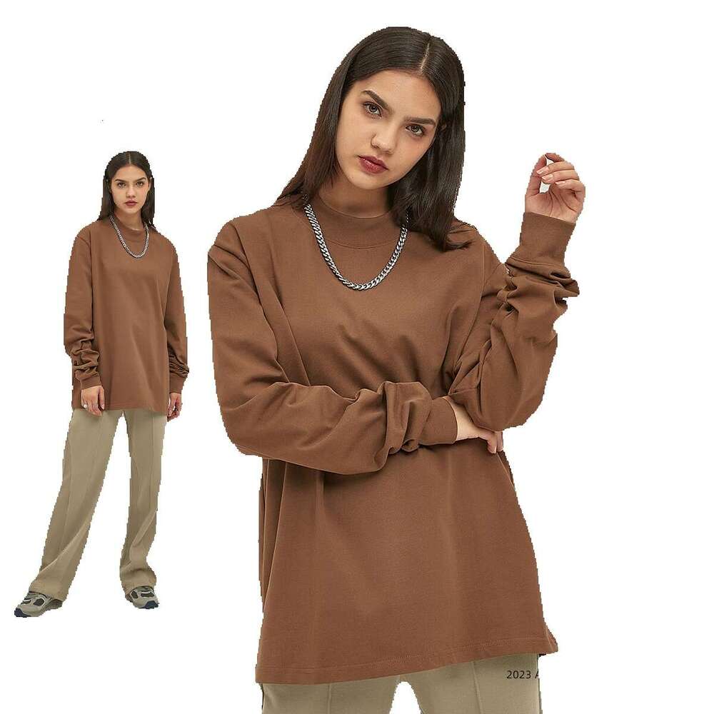 2023 autumn and winter new product heavyweight 345G double yarn plain weave high necke loose long sleeved T-shirt for men