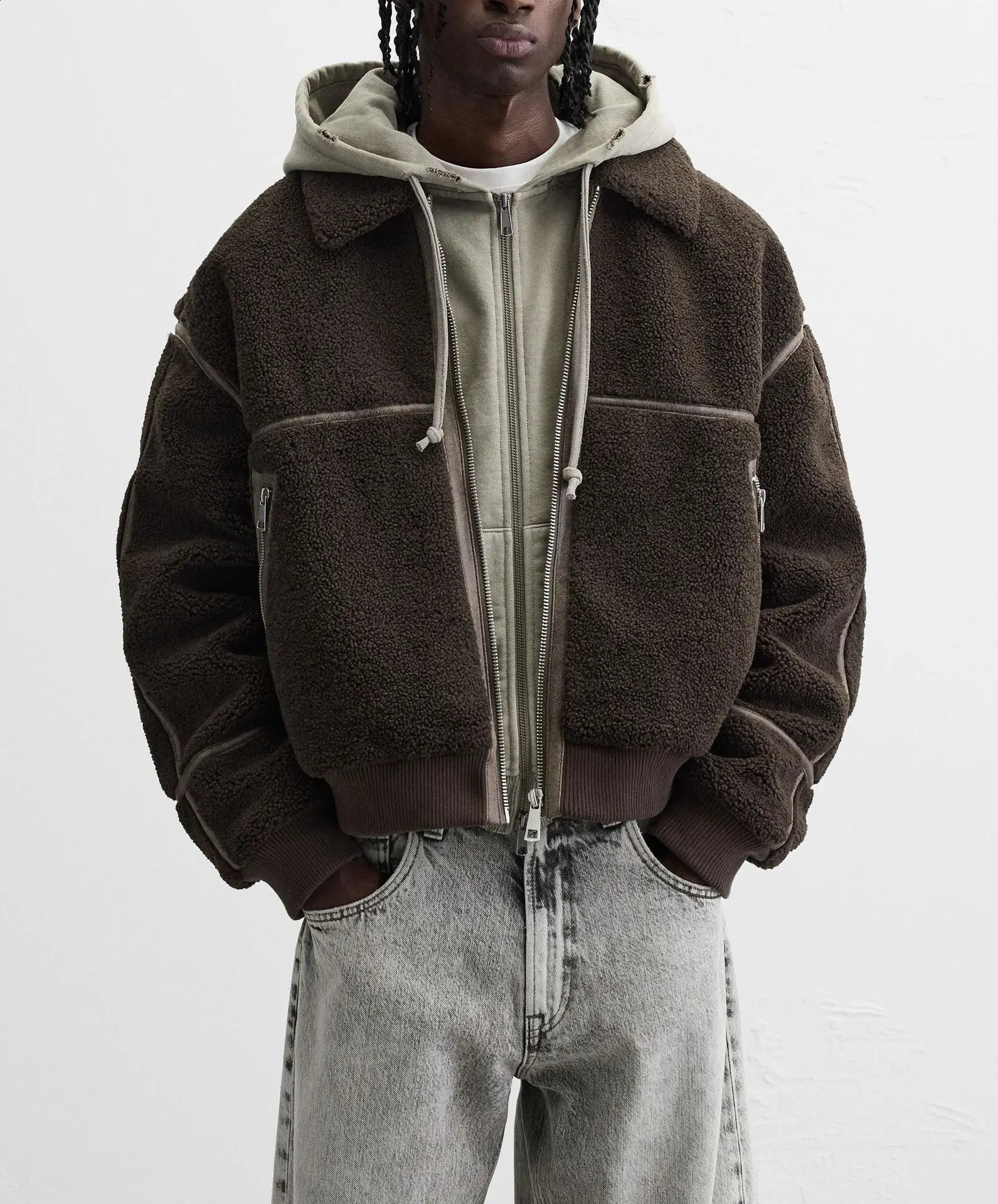 Winter lapel fleece lamb wool jacket men 241210