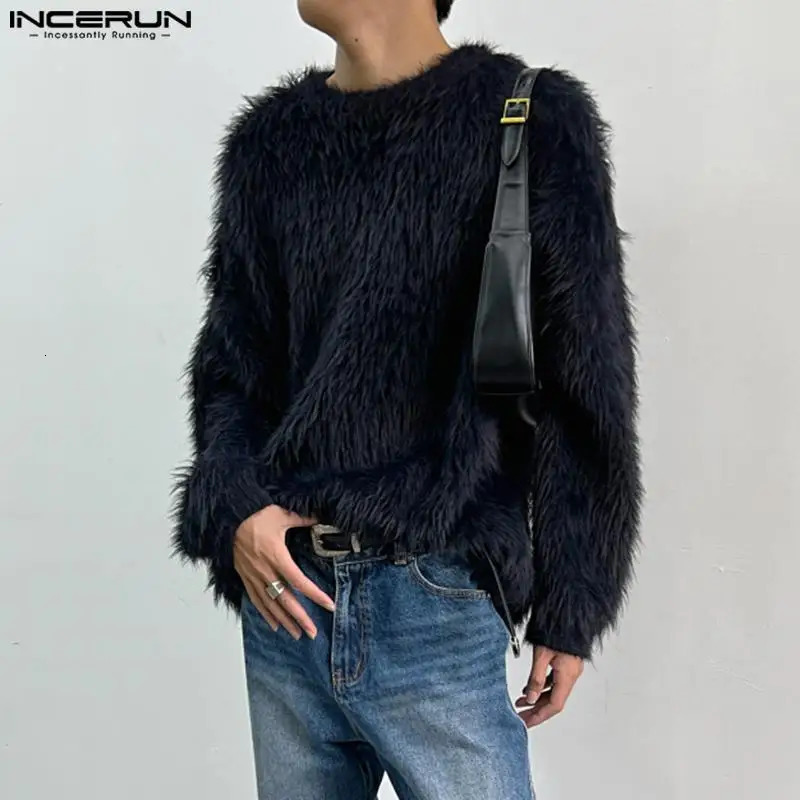 Men Pullovers Solid Color Plush Oneck Long Sleeve Fashion Casual Clothing Streetwear Autumn Sweaters S5XL INCERUN 241209