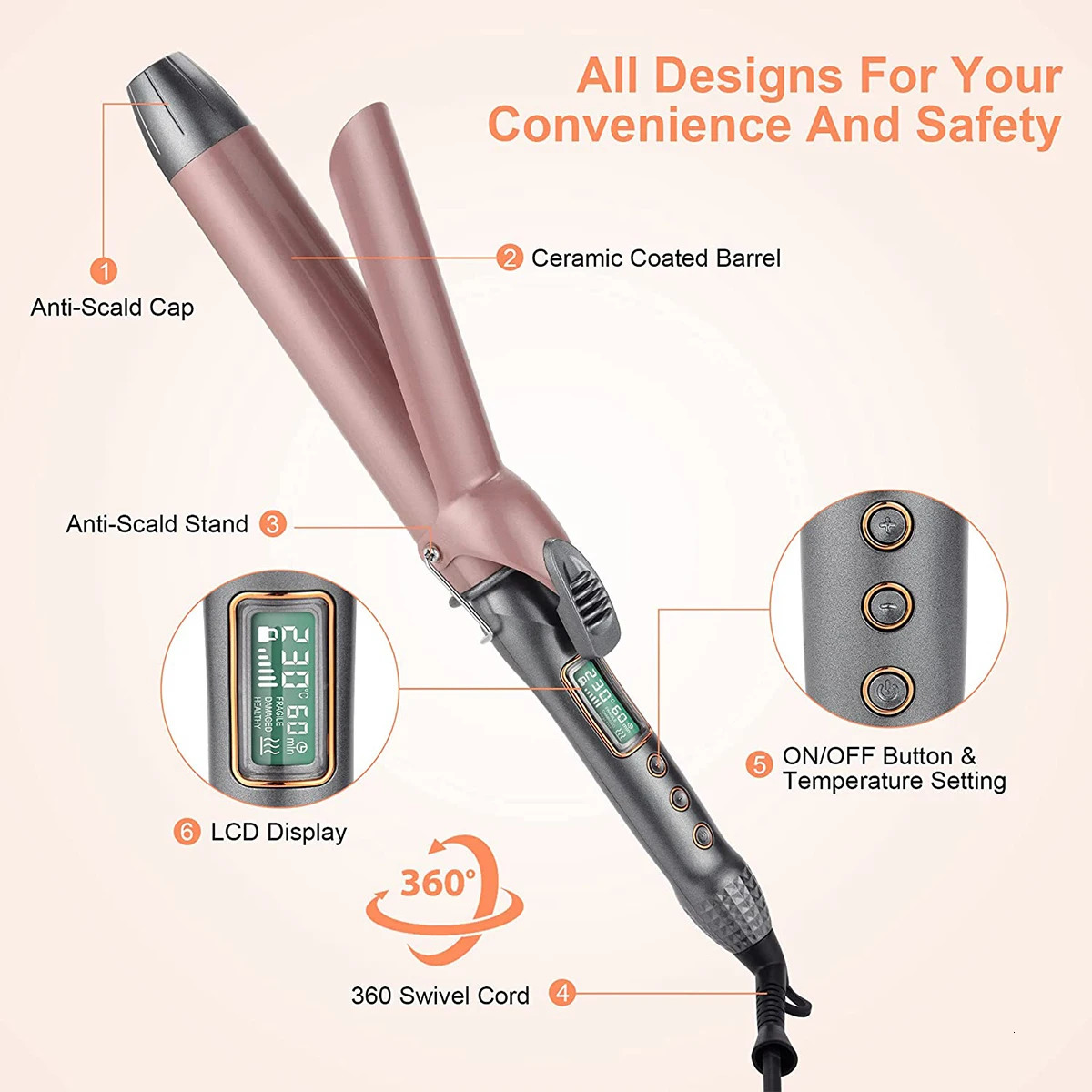 1pcs 19/25/32/38 MM Professional Hair Curler Wave Ceramic Coated Plate PTC Heater LCD Display Curling iron 241209