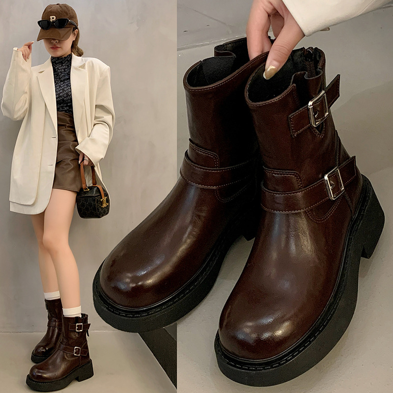 Women Boots:Retro Style Belt Buckle 2025 Early Spring New Product Thick Sole hot Increase Height Fashion Versatile Short Boots,Black/Brown,Free shippi