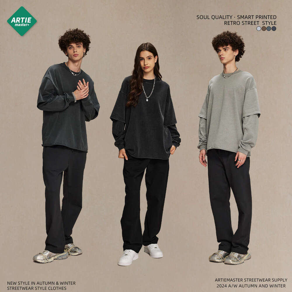 2024 Autumn Brand Retro Fake Two Piece Curled Edge Round Neck Long Sleeve T-shirt for Men, Doing Old, Dyeing, Washing, Street Trendy T