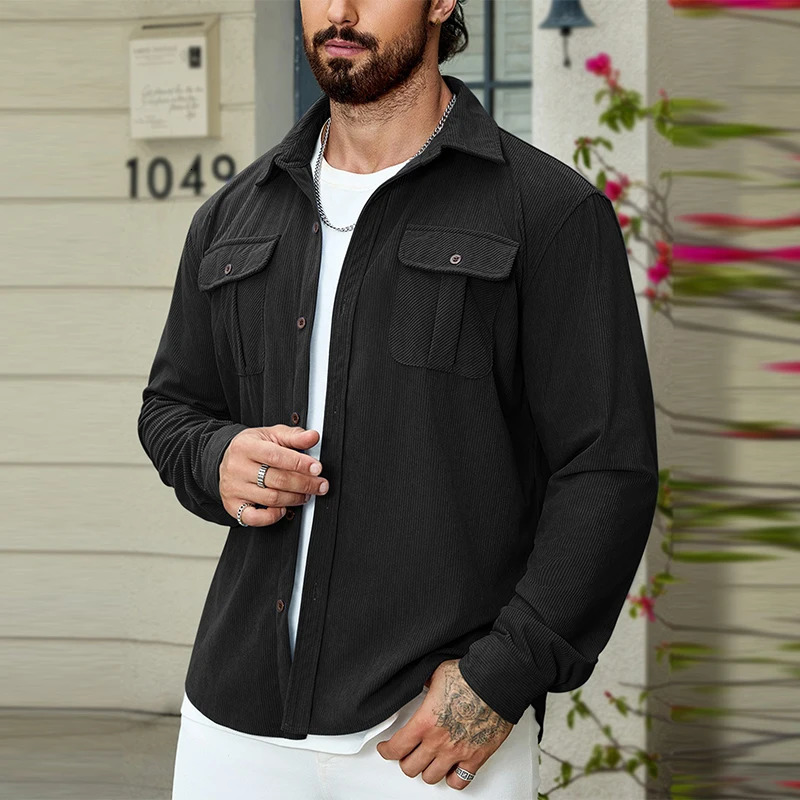 Mens casual Corduroy Cargos pocket shirt button lapel long sleeved solid color texture retro streetwear S3XL 241209
