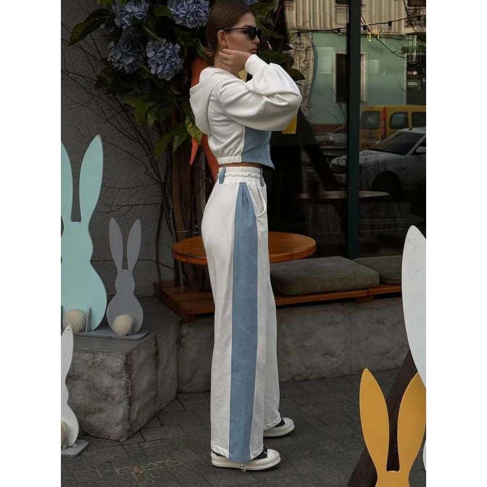Fashion Patchwork Denim 2 Piece Sets Women Outfit Slim Hoodies Crop Top Wide Leg Sweatpants Suit Streetwear Casual Tracuits