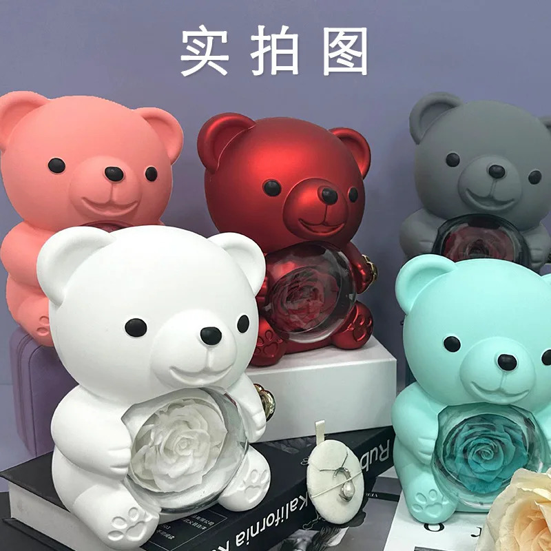 Eternal Rose Teddy Bear Gift Box with Necklace Rotating Rose Jewelry Box Valentines Day Wedding Storage Gift Box 241209
