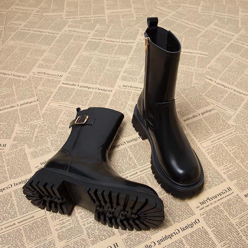 Women Boots:Spring Simple Design Versatile Soft Leather Thick Sole Fashion Slimming Boots,Black/Brown,Free shipping