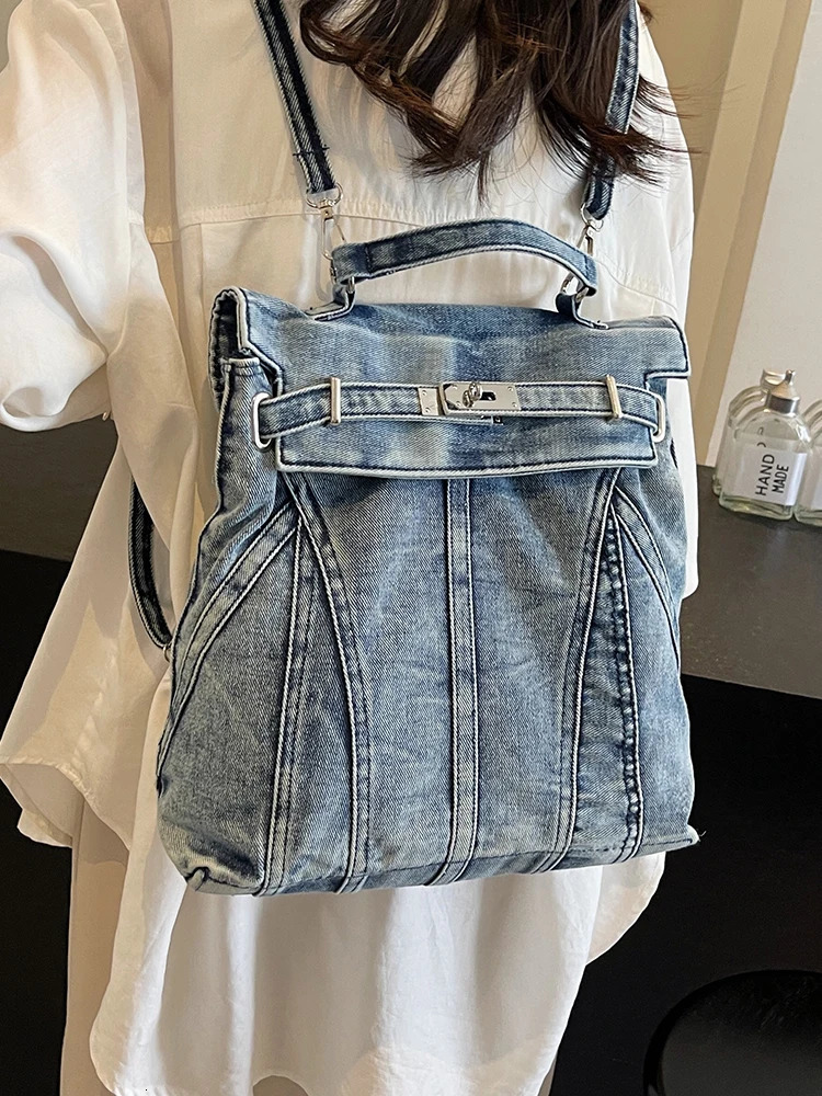 Big denim teenage backpack Rucksack fashionable girl backpack womens shoulder bag high school backpack black Mochila241209