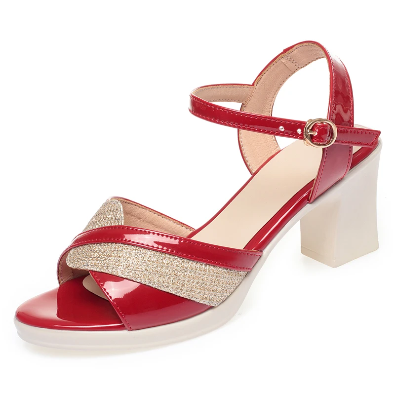 Fashion Sandals Women Summer Color-Blocked Women Sandals High Heels Patent Leather Large Size Roman Sandals Women