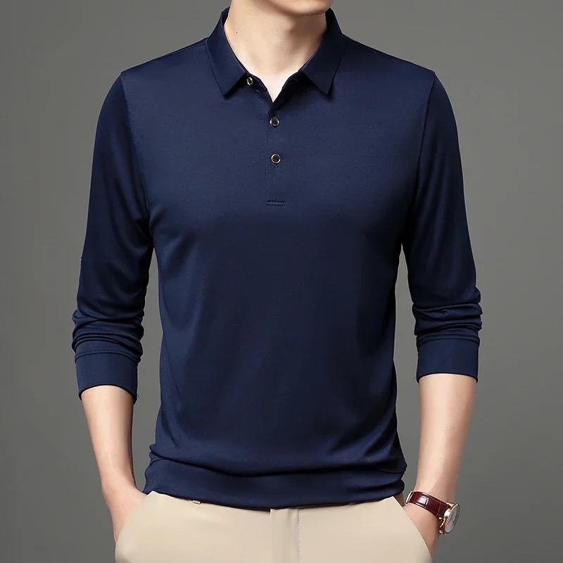 Spring and Autumn Long Sleeve Polo Shirt Collar Solid Mens Tshirt 241202