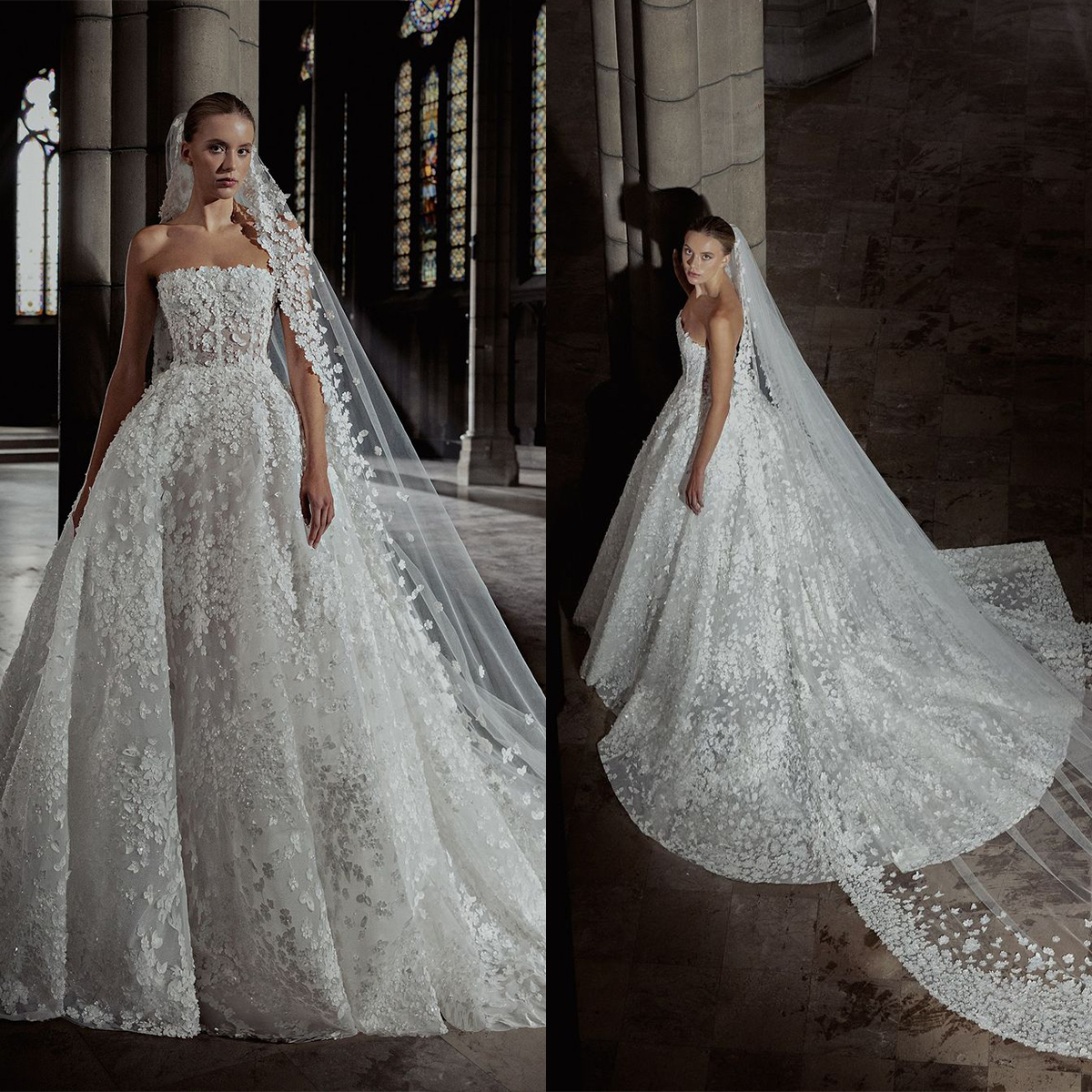 Elegant Ball Gown Wedding Dresses Strapless Beads Sequins Appliques Lace Sweep Train Bridal Gowns Chic Dubai Custom Made Lace-Up Back Vestidos De Novi