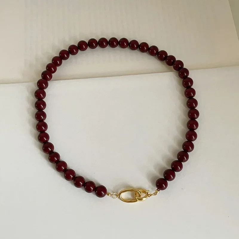 Minar French Dark Red Agate Natural Stone Chain Beaded Necklace Suitable for Women Gold Plated Chain Double Open Buckle Round Necklace 241210