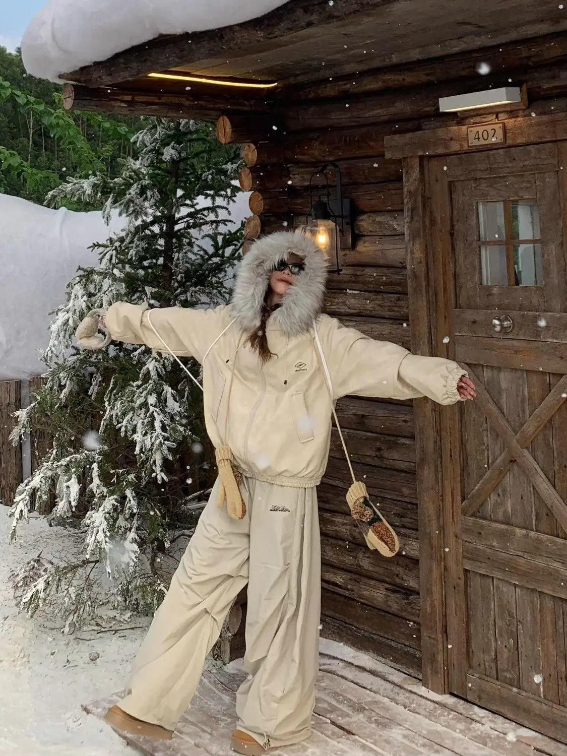 Hip Hop Winter Womens Warm Thick Bag Wide Leg Beige Snow Pants Oversized Y2K Suede Harajuku Sports Trouser 241209