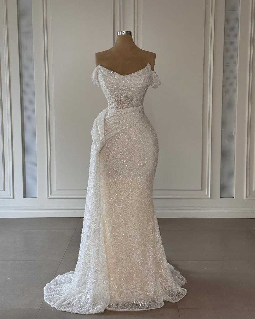 Simple Sequins Wedding Dress Mermaid Off Shoulder Bride Robe Sleeveless Sweep Train Bridal Gown Custom Made Vestido De Novia