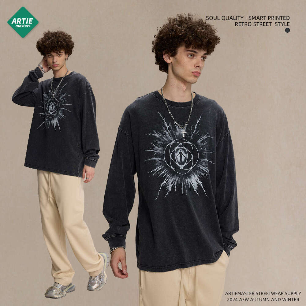 2024 Autumn Retro Washed Round Neck T-shirt for Men with Digital Direct Spray Printing Trendy Men's Long Sleeve