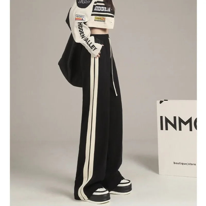 Womens casual wide leg pants autumn and winter style plush thick side striped loose fit suitable for black floor mop Trouser trend 241209