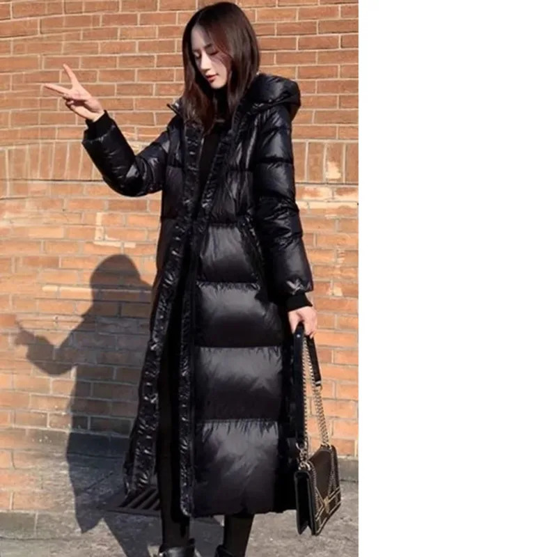 Korean Lady Long Bright Puffer Coat Autumn Winter Female Large Size 4XL Warm Down Cotton Jacket Women Black Parka Sown Wear 241209