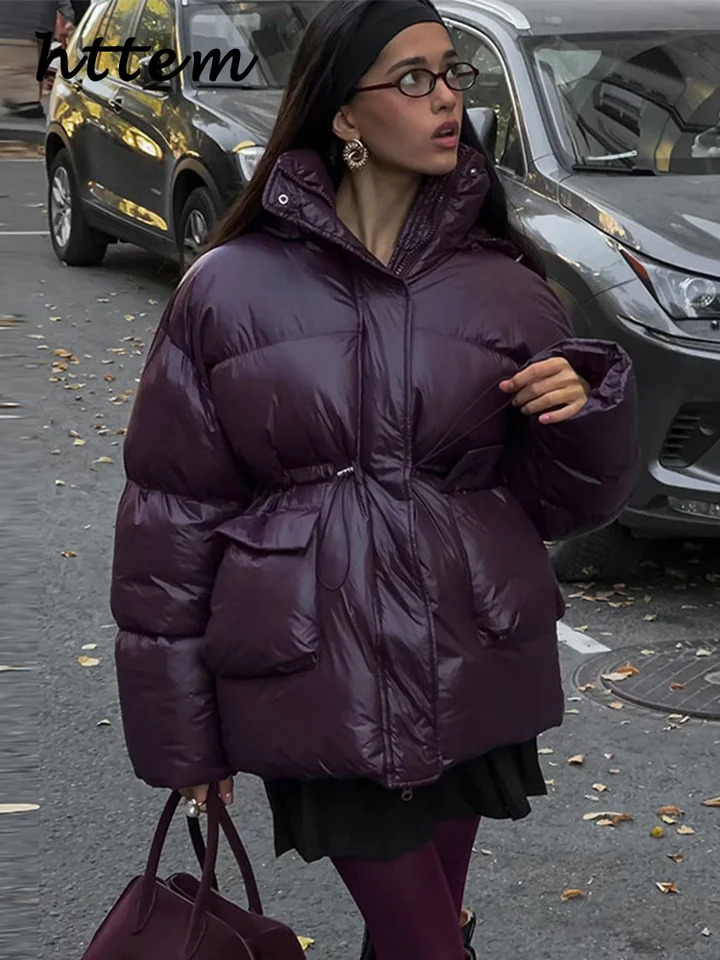 Street Womens Burgundy Hooded Quilted Coat Loose Stand Collar Zipper Full Sleeve Jacket Winter Lady Thicken Outerwear 241209