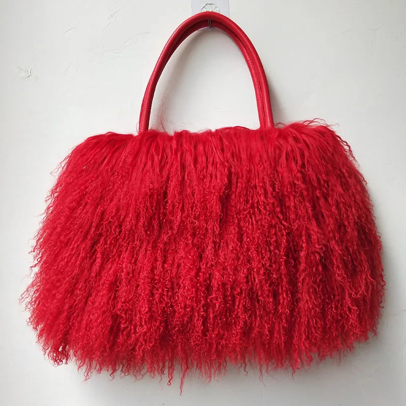 Winter Real Mongolia Lamb Fur Handbag Women Casual Tibet Long Hair Natural Fur Shoulder Bag Genuine Tote Bags Femme 241209