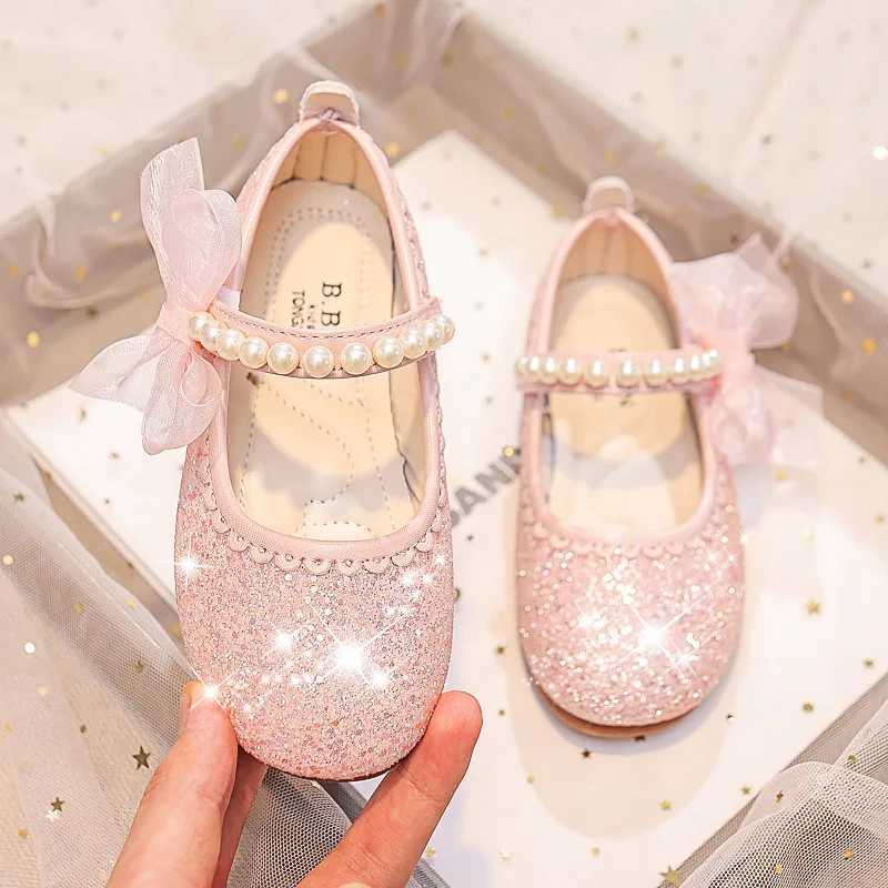Fashion Girls Mary Janes for Par Wedding Shows Bow Pearls Elegant Princess Shoes Chic Kids Shoes Non-slip Children FashionXJ241209