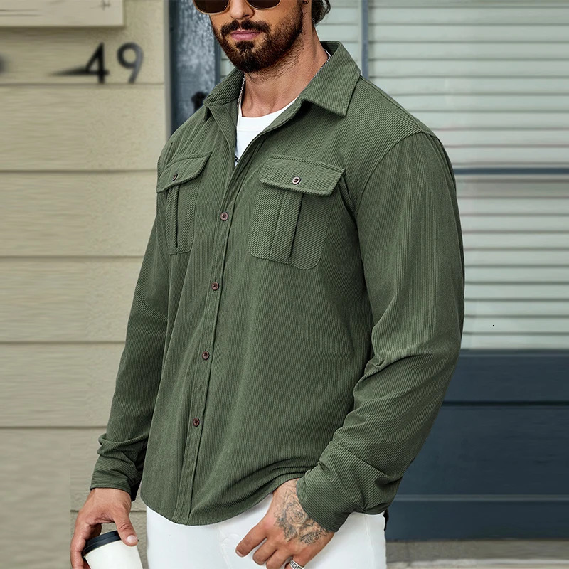 Mens casual Corduroy Cargos pocket shirt button lapel long sleeved solid color texture retro streetwear S3XL 241209