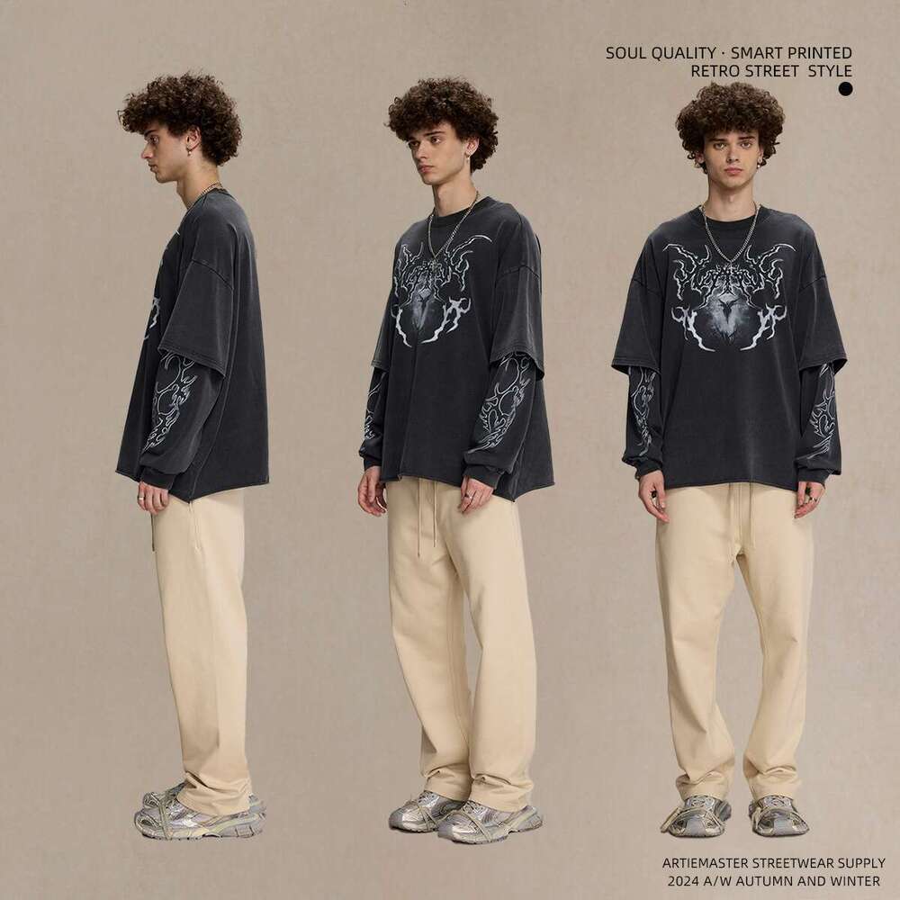 2024 Autumn Brand Retro Fake Two Piece Curled Edge Printed Long Sleeve T-shirt for Men Doing Old Stir Fry Snowflake Wash Water Street Trendy T