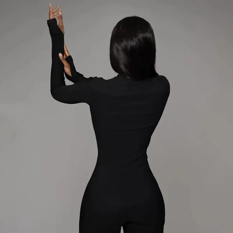 2024 solid jumpsuit womens sports summer fitness long sleeved zipper elastic onepiece elegant black bodysuit 241209