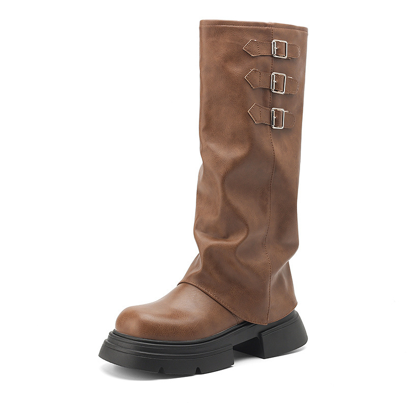 Women Boots:Western Style Thick Sole High-top Boots New Version Round Toe Belt Buckle Long Boots,Black/Brown/Khaki,Free shipping