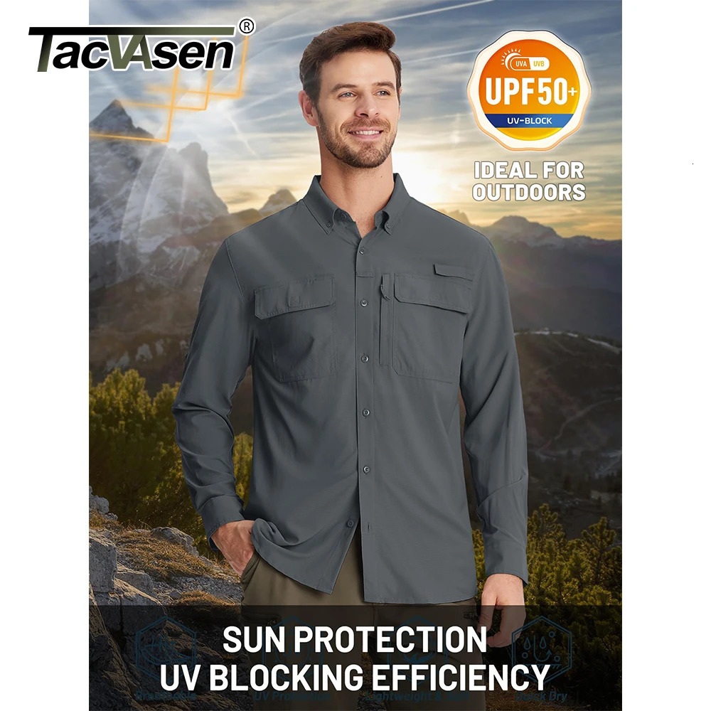 TACVASEN fishing gear mens quick drying long sleeved luggage mesh breathable hiking cargo shirt UPF 50sun protection 241209