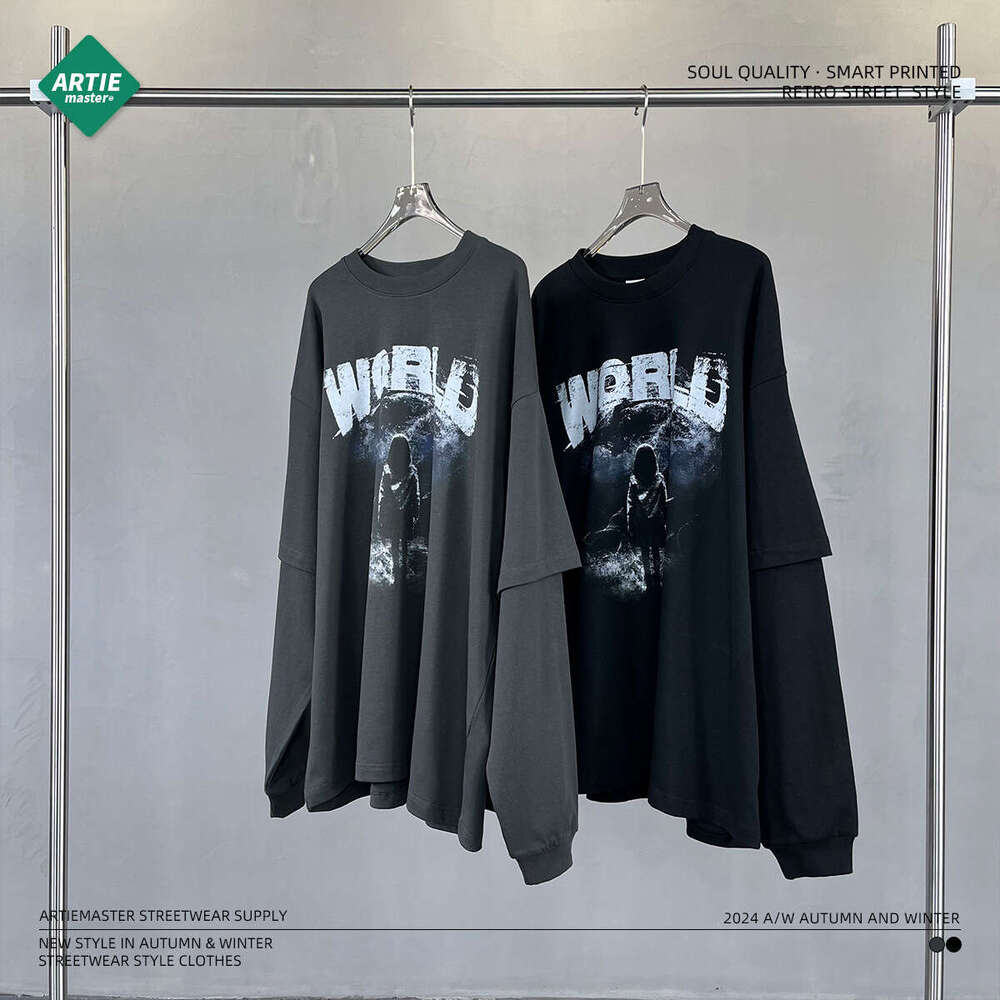 2024 New Trendy Brand Fake Two Piece Digital Printed Long Sleeve T-shirt with No Touch, Men's Loose Casual Bottom Shirt