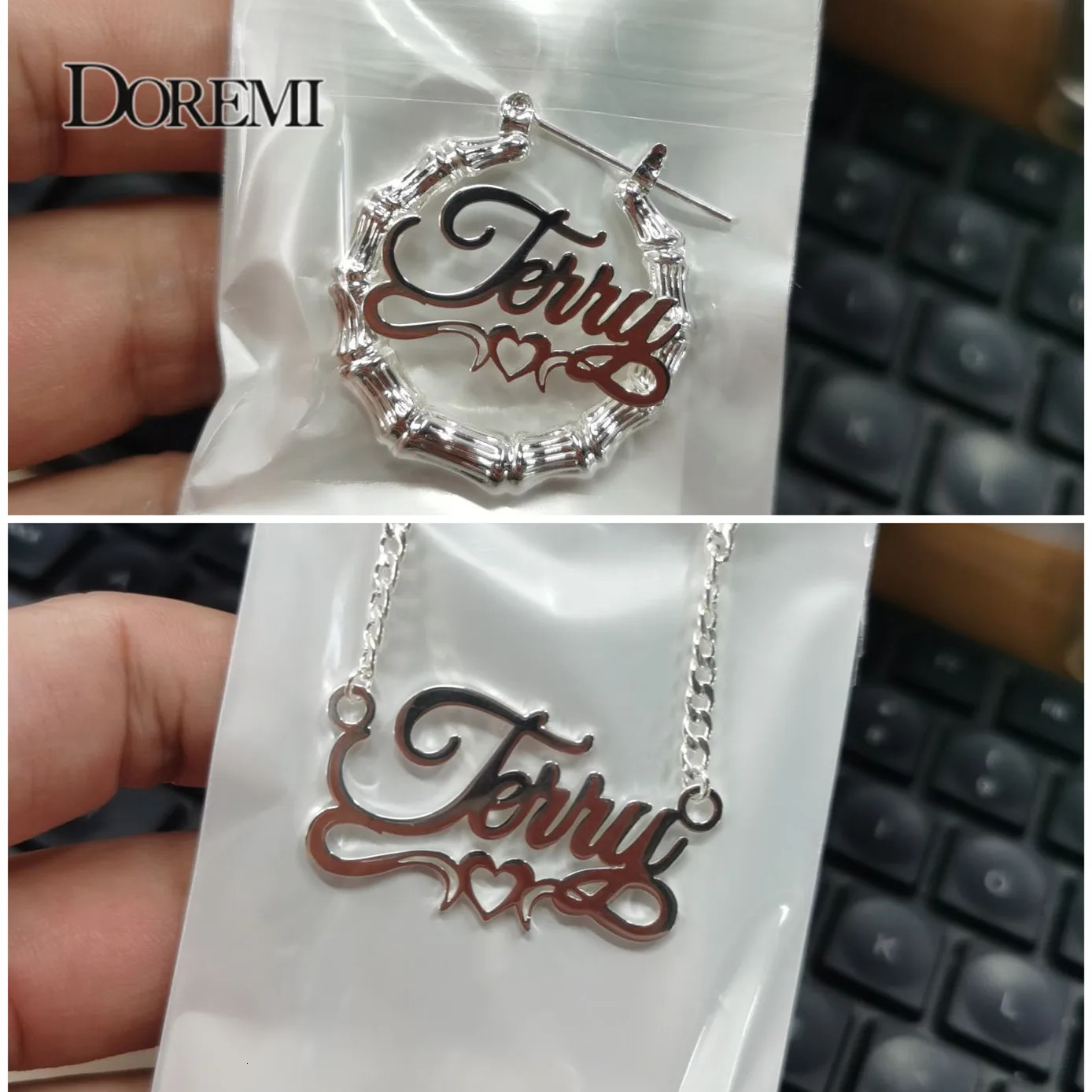 Doremi 2-piece Name Earrings and Necklace 3MM Cuban Bamboo Earrings Customized Heart Pendant Personalized Name Earrings 241209