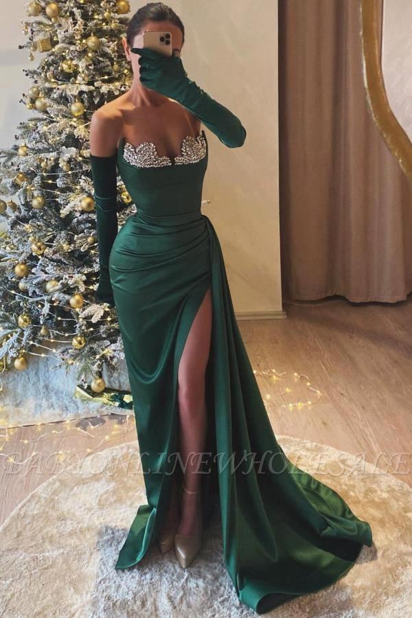 ROSES Green Mermaid Special Ocn Prom Dress Seuqin Beading Formal Gown Long Evening Dresses with Gloves Slit vestidos de fiesta